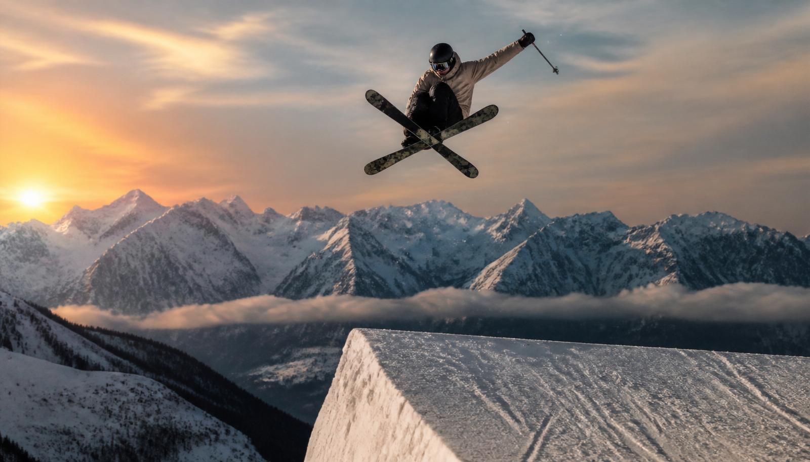 Freestyle skier crossing skis mid-air off a big kicker